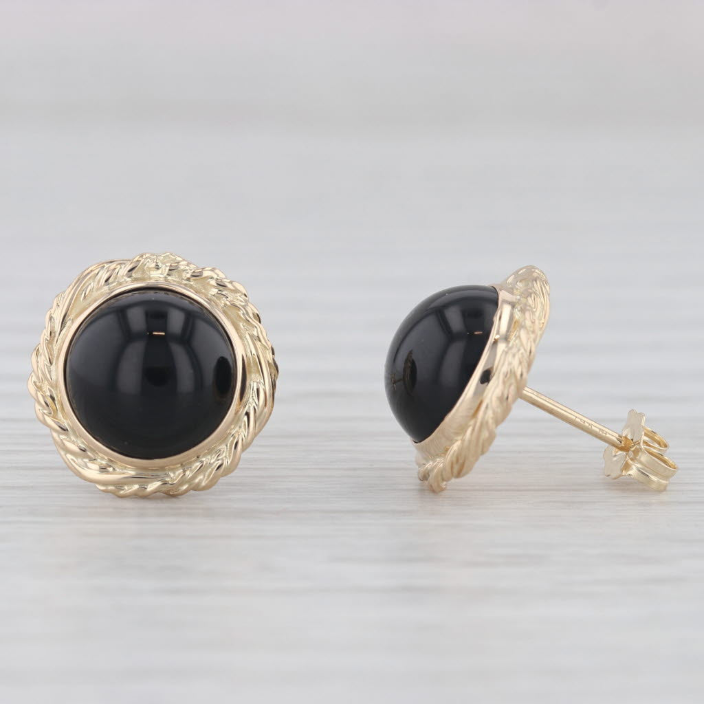 Light Gray Round Cabochon Black Onyx Stud Earrings 14k Yellow Gold