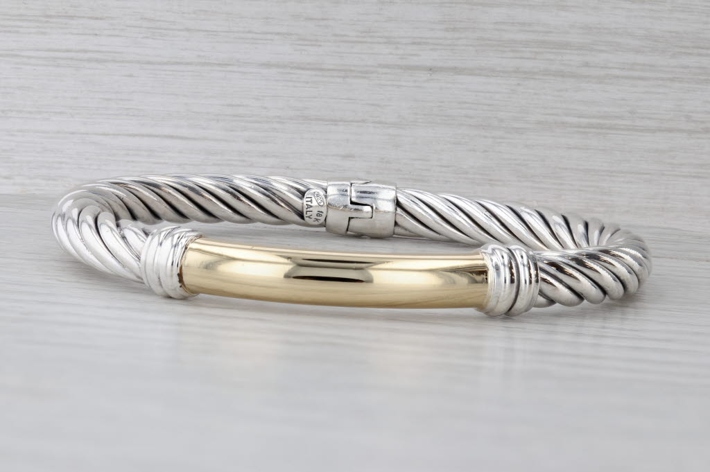 Cable Bangle Bracelet Sterling Silver 18k Gold 7.5" 7.4mm Hinged Snap Clasp