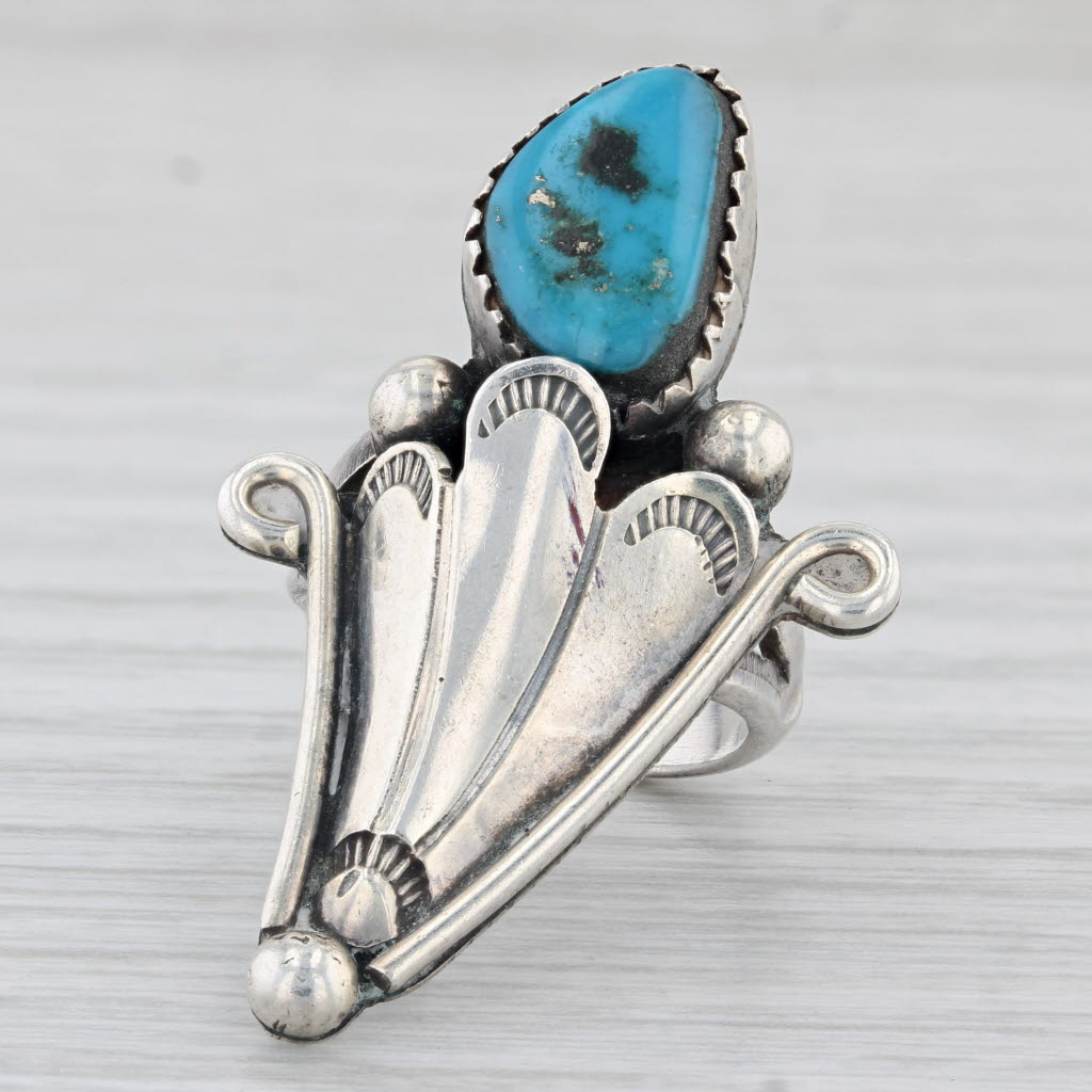 Light Gray Vintage Native American Turquoise Statement Ring Sterling Silver Size 5.25