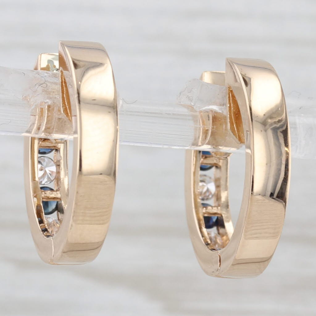 Light Gray Blue Sapphire Diamond Hoop Huggie Earrings 14k Yellow Gold Snap Top Round Hoops
