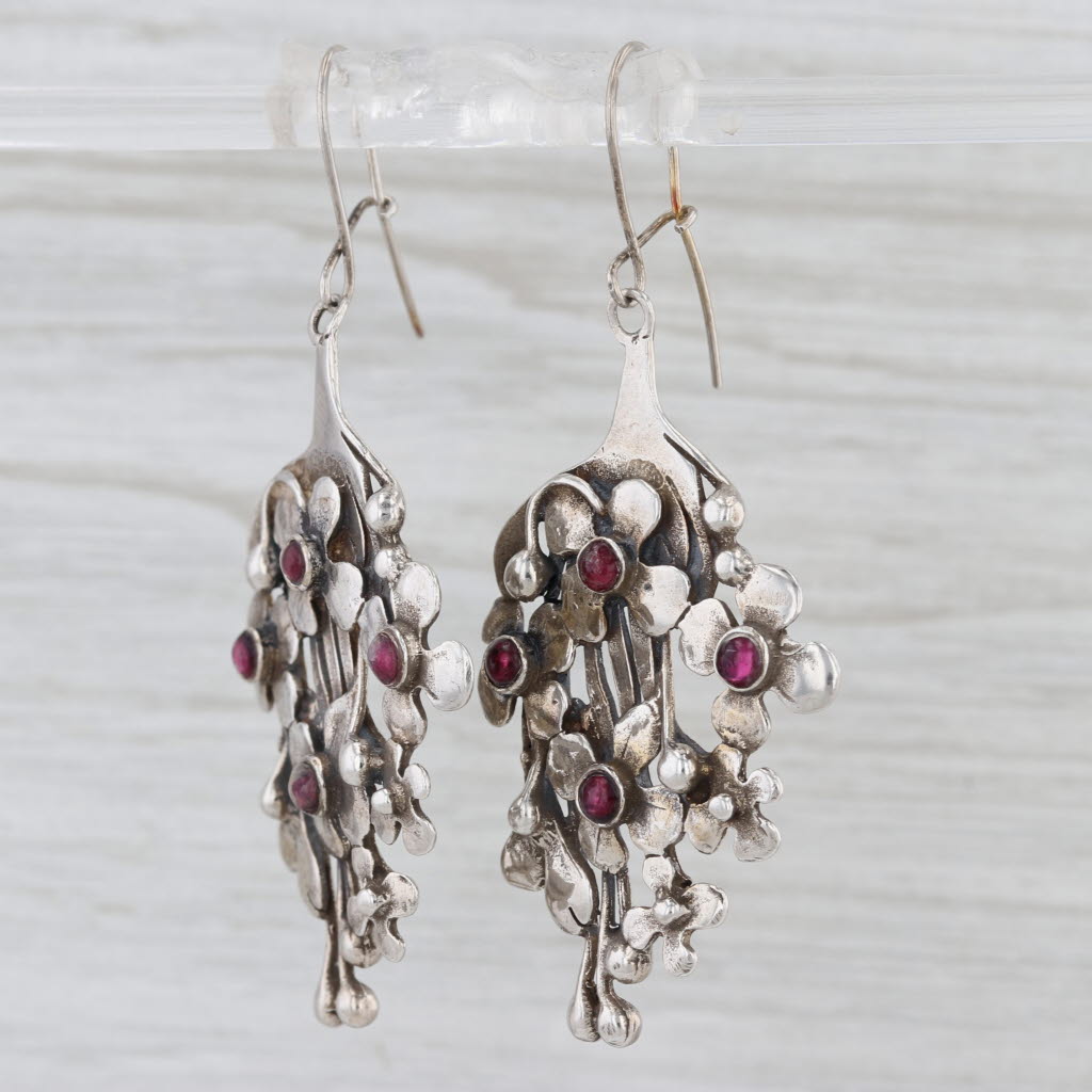 Ruby Flower Dangle Earrings Sterling Silver Hook Posts Statement Drops