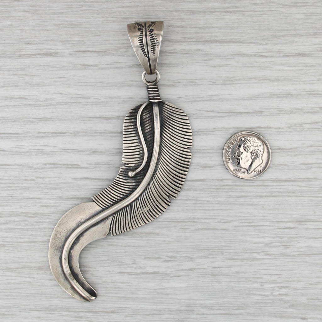 Lorenzo Juan Navajo Native American Feather Pendant Sterling Silver Statement