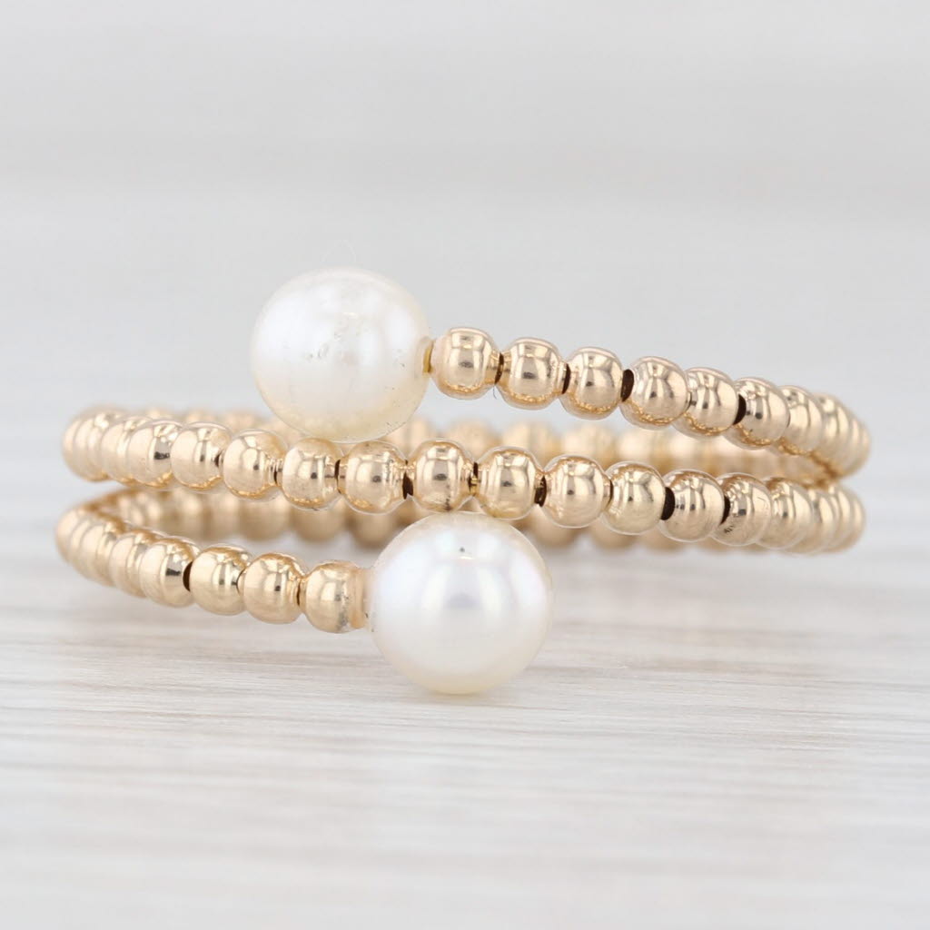 Light Gray Cultured Pearl Beaded Band Bypass Ring 14k Yellow Gold Size 8 Adjustable