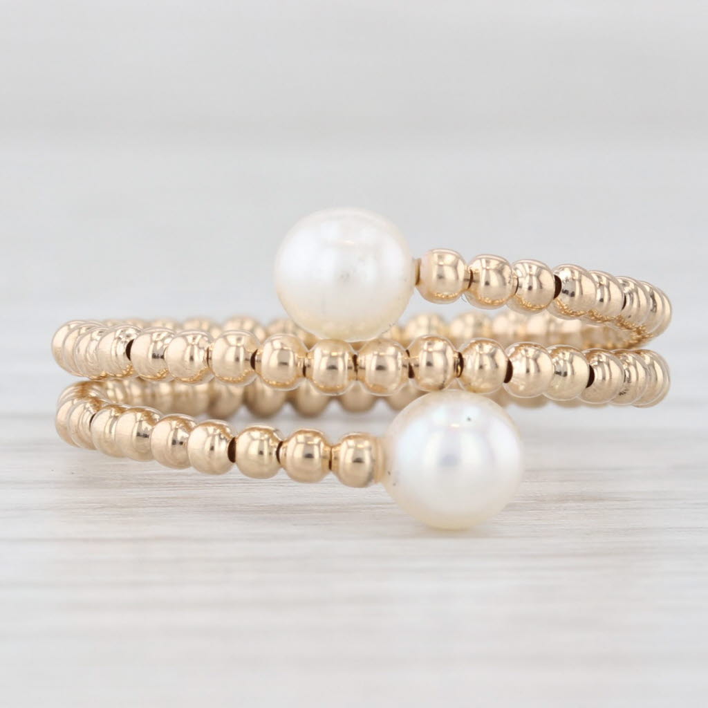 Light Gray Cultured Pearl Beaded Band Bypass Ring 14k Yellow Gold Size 8 Adjustable
