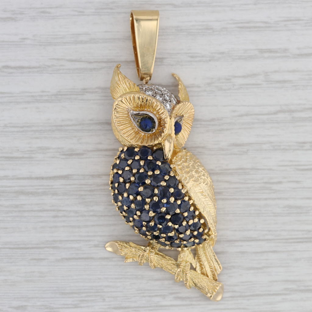 Gray 5.40ctw Gemstone Owl Pendant 18k Gold Sapphire Diamond Lapis Lazuli Statement