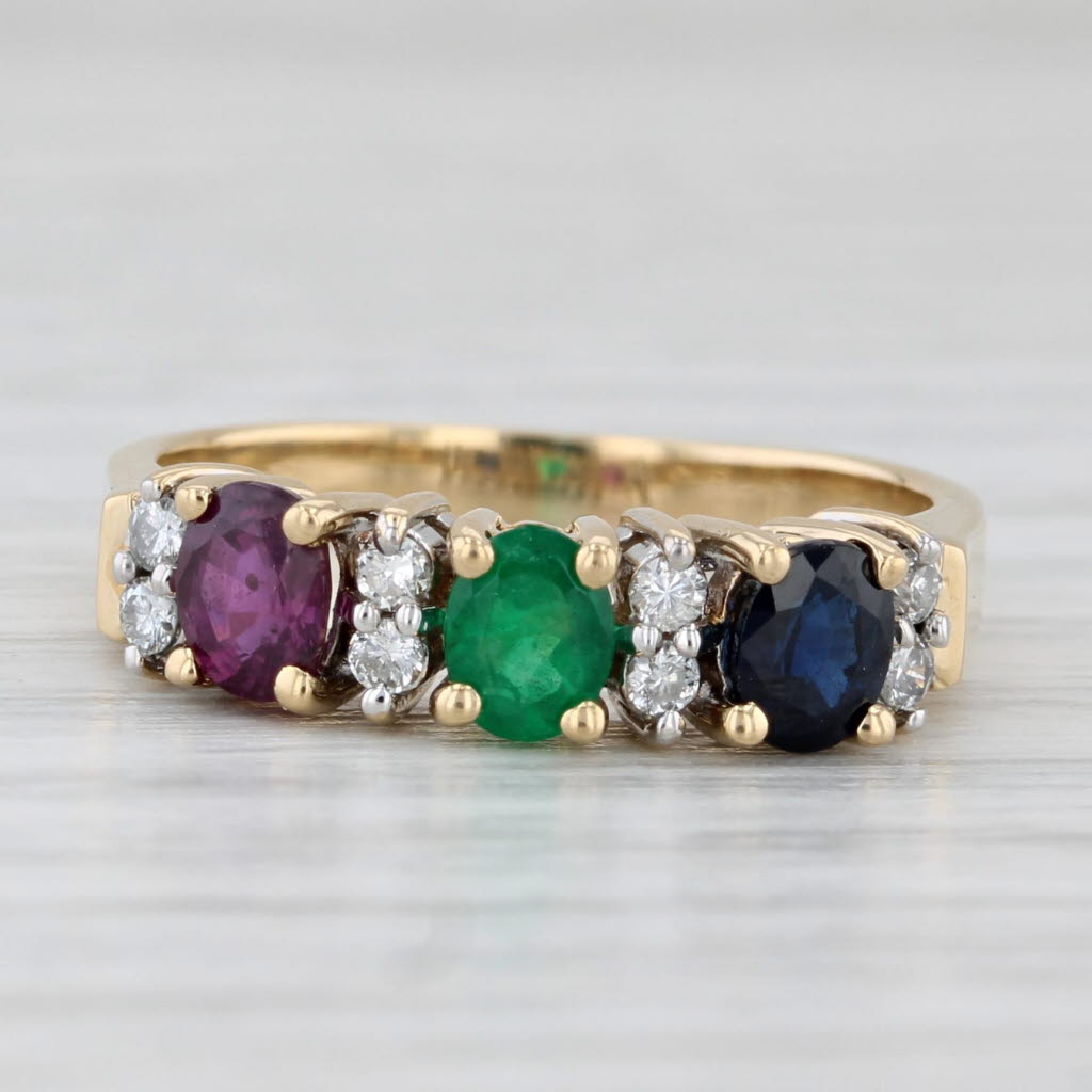 Light Gray 0.92ctw Ruby Sapphire Emerald Diamond Ring 18k Yellow Gold Size 5.5 3-Stone