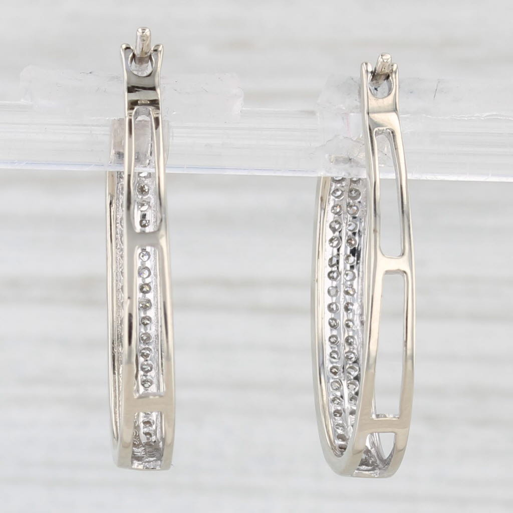 Light Gray 0.18ctw Pave Diamond Hoop Earrings 14k White Gold Snap Top Oval Hoops