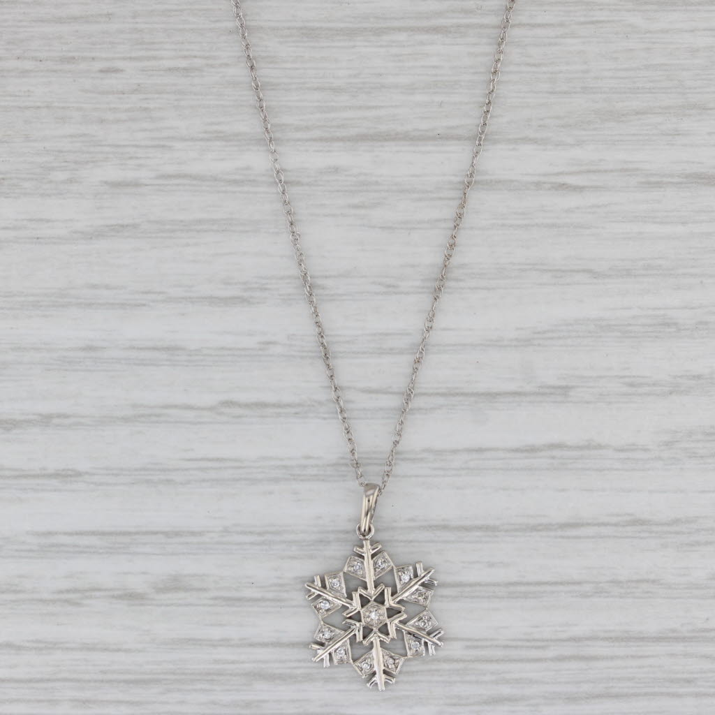 Gray Diamond Snowflake Pendant Necklace 14k White Gold 16" Rope Chain