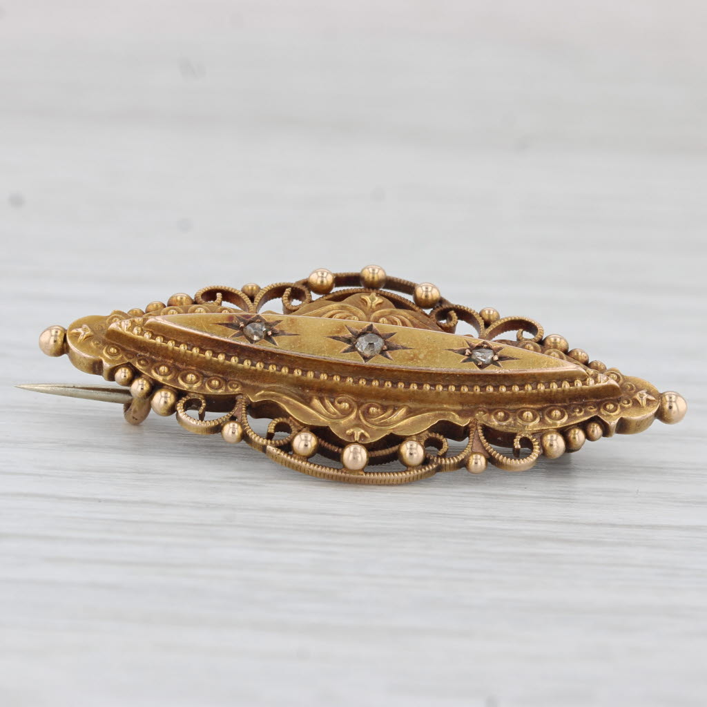 Light Gray Antique Ornate Diamond Brooch 15k Yellow Gold Pin