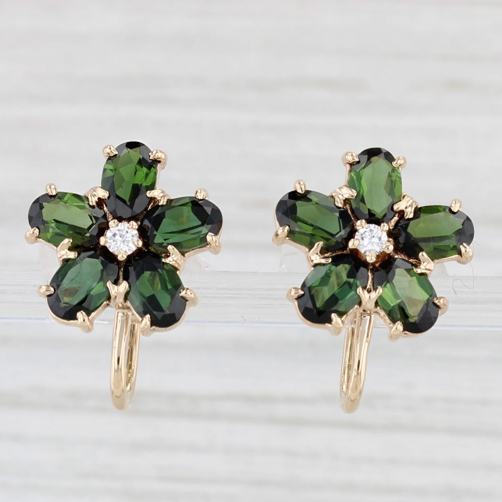 Light Gray 4.80ctw Green Tourmaline Diamond Flower Earrings 14k Gold Non Pierced Screw Back