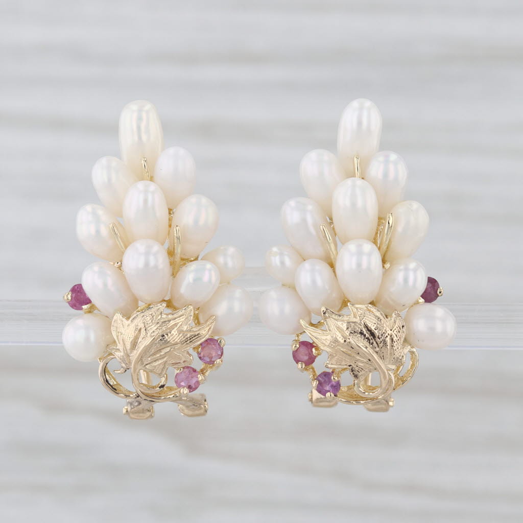 Pink Sapphire Cultured Pearl Cluster Grape Bunch Drop Earrings 14k Yellow Gold