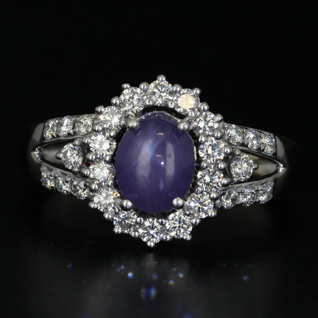 Black New 2.48ctw Purple Star Sapphire Diamond Halo Ring 14k White Gold Size 8.5