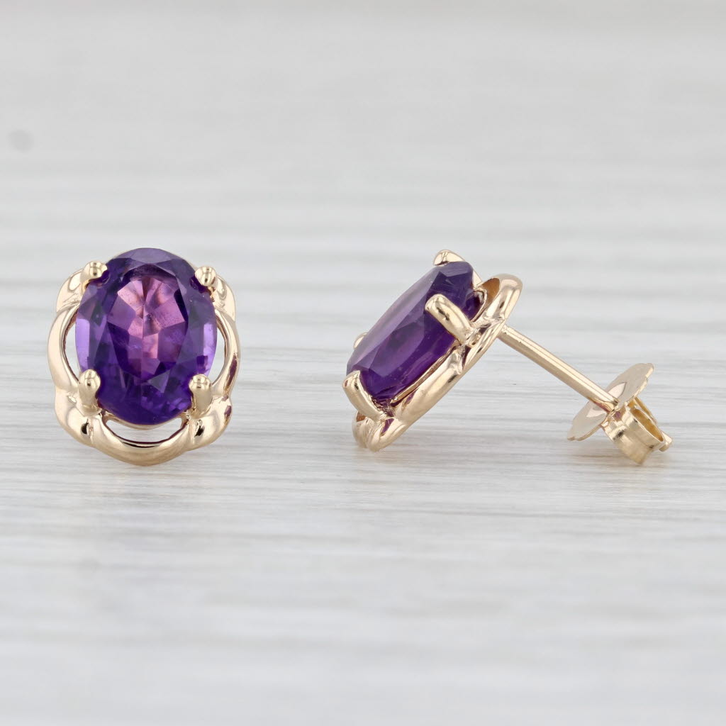 Light Gray 2.30ctw Amethyst Stud Earrings 14k Yellow Gold Oval Cabochon Solitaire