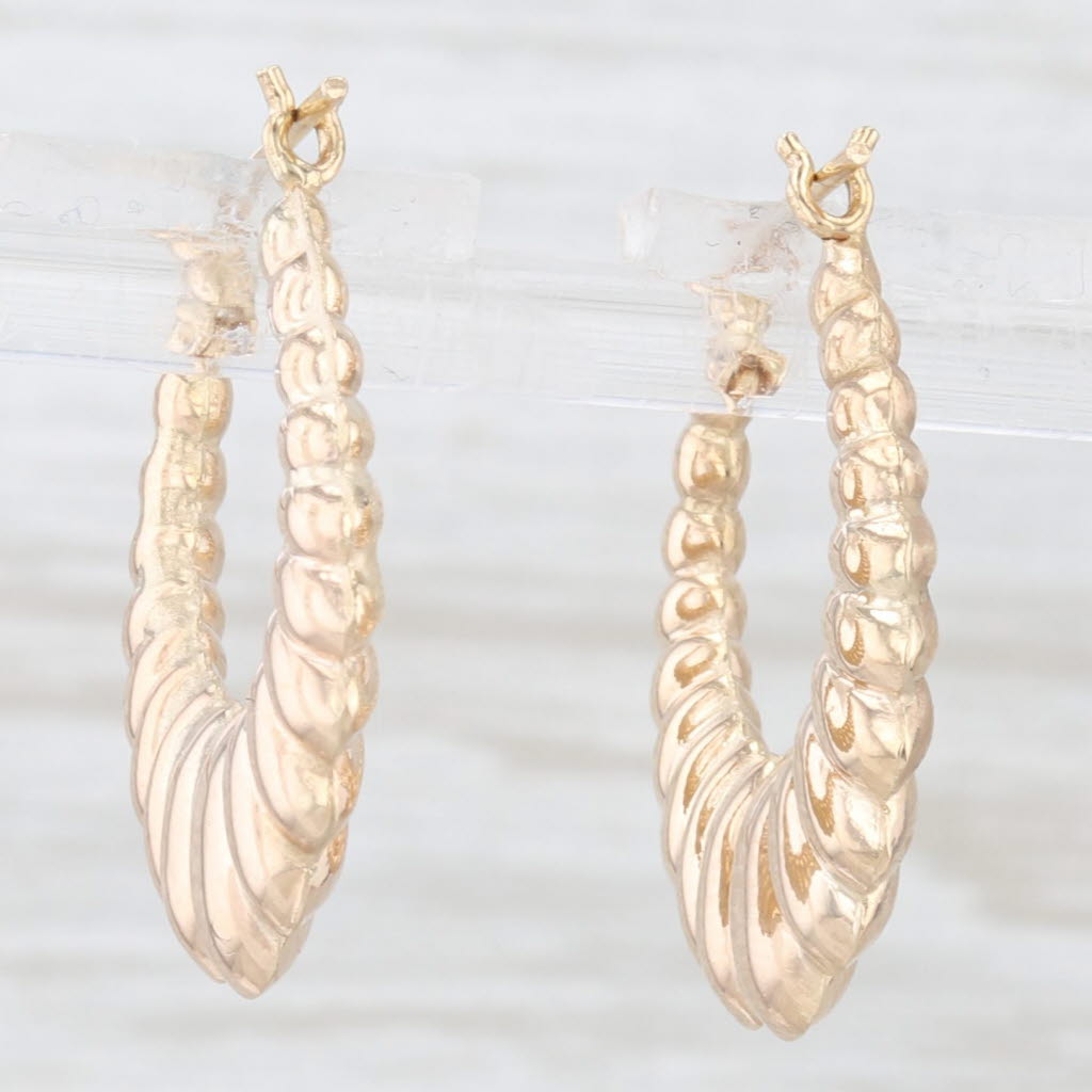 Light Gray Beveled Scalloped Croissant Shell Hoop Earrings 14k Yellow Gold Snap Top Hoops