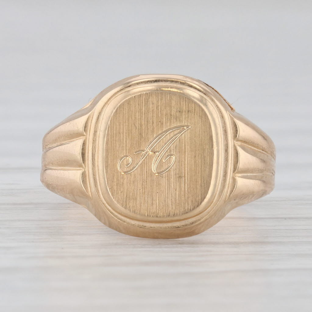 Light Gray Letter Initial A Signet Ring 18k Yellow Gold Small Size 2.75