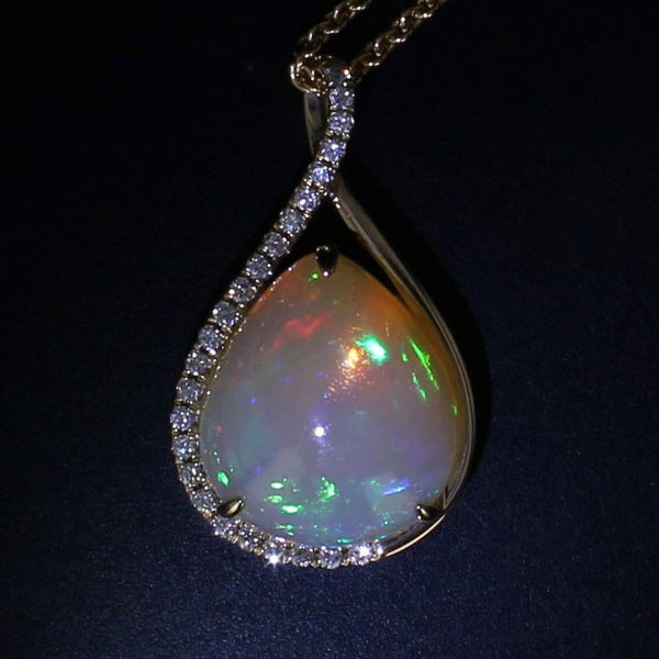 Black Opal 0.25ctw Diamond Teardrop Pendant Necklace 14k Gold 17.75" Cable Chain