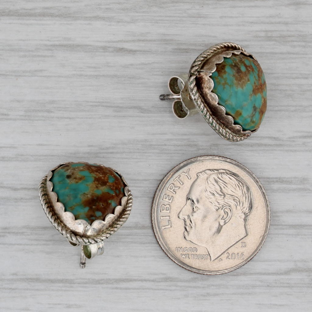 Gray Vintage Native Turquoise Stud Earrings Sterling Silver Pear Cabochon