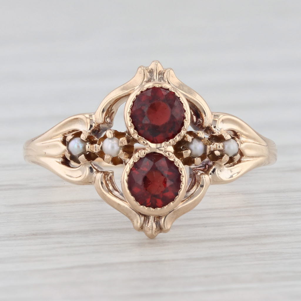 Light Gray Victorian Garnet Seed Pearl 10k Yellow Gold Size 6.5 Antique Ring