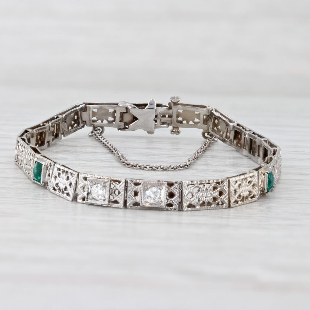 Light Gray Vintage Art Deco Diamond Floral Filigree Link Bracelet 14k White Gold 6.25"