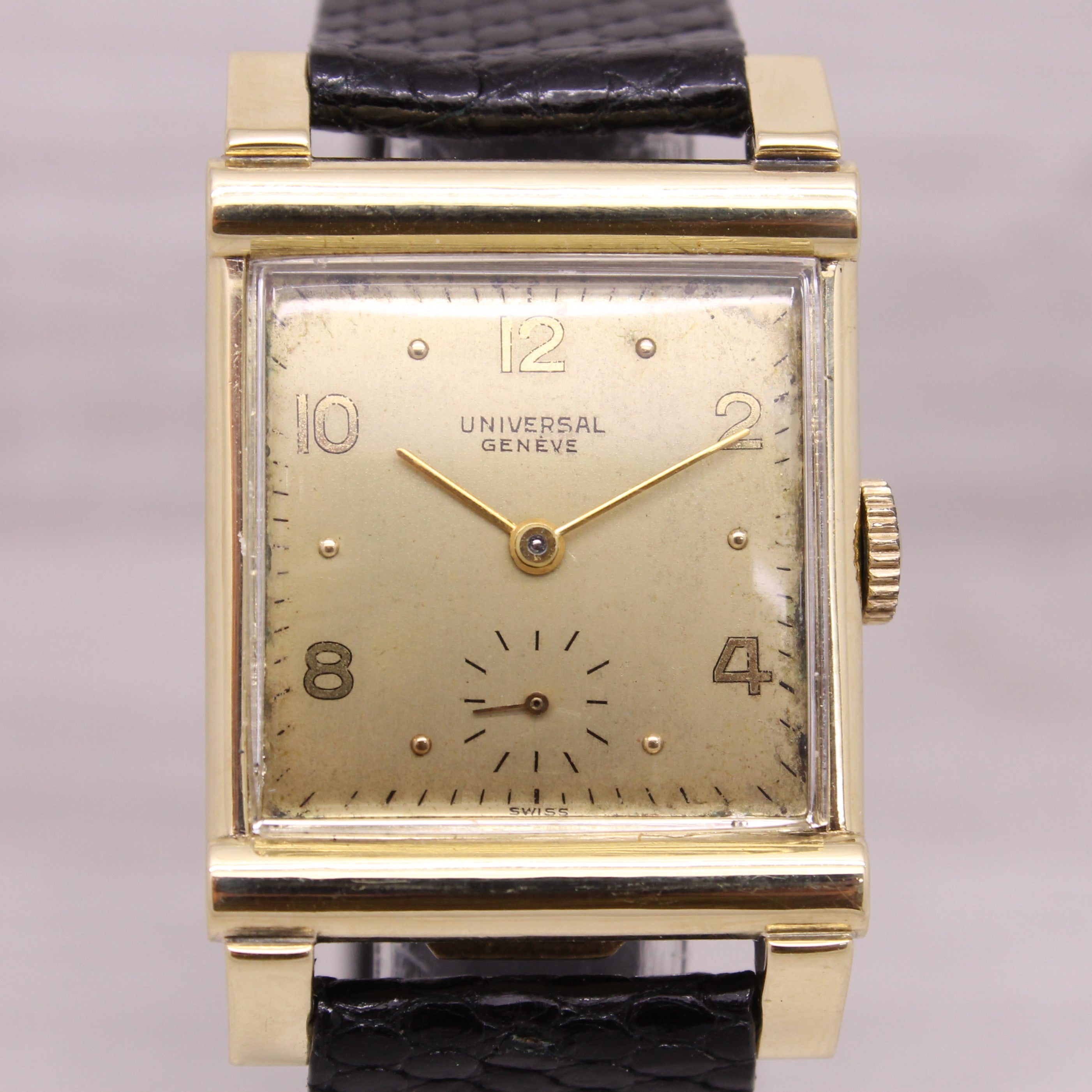 Gray Vintage 1950's Universal Geneve 14k Yellow Gold Square Mens Dress Watch c.264