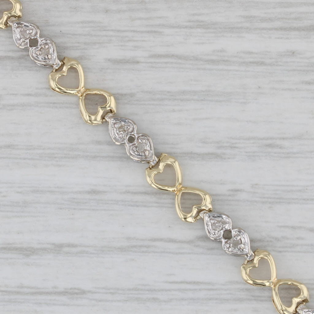 Gray 0.20ctw Diamond Heart Links Bracelet 10k Yellow White Gold 7" 4.8mm