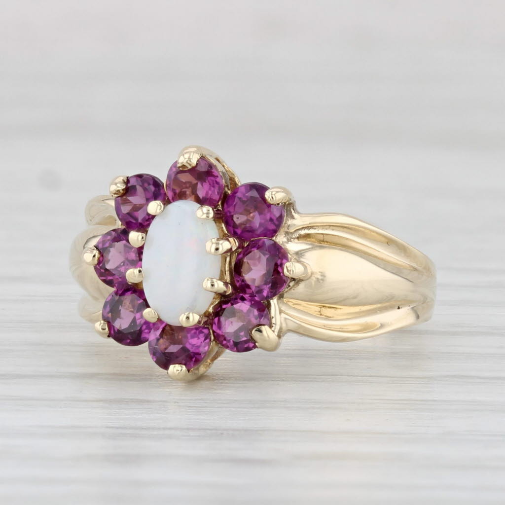 Light Gray Opal Garnet Flower Ring 10k Yellow Gold Size 5.25