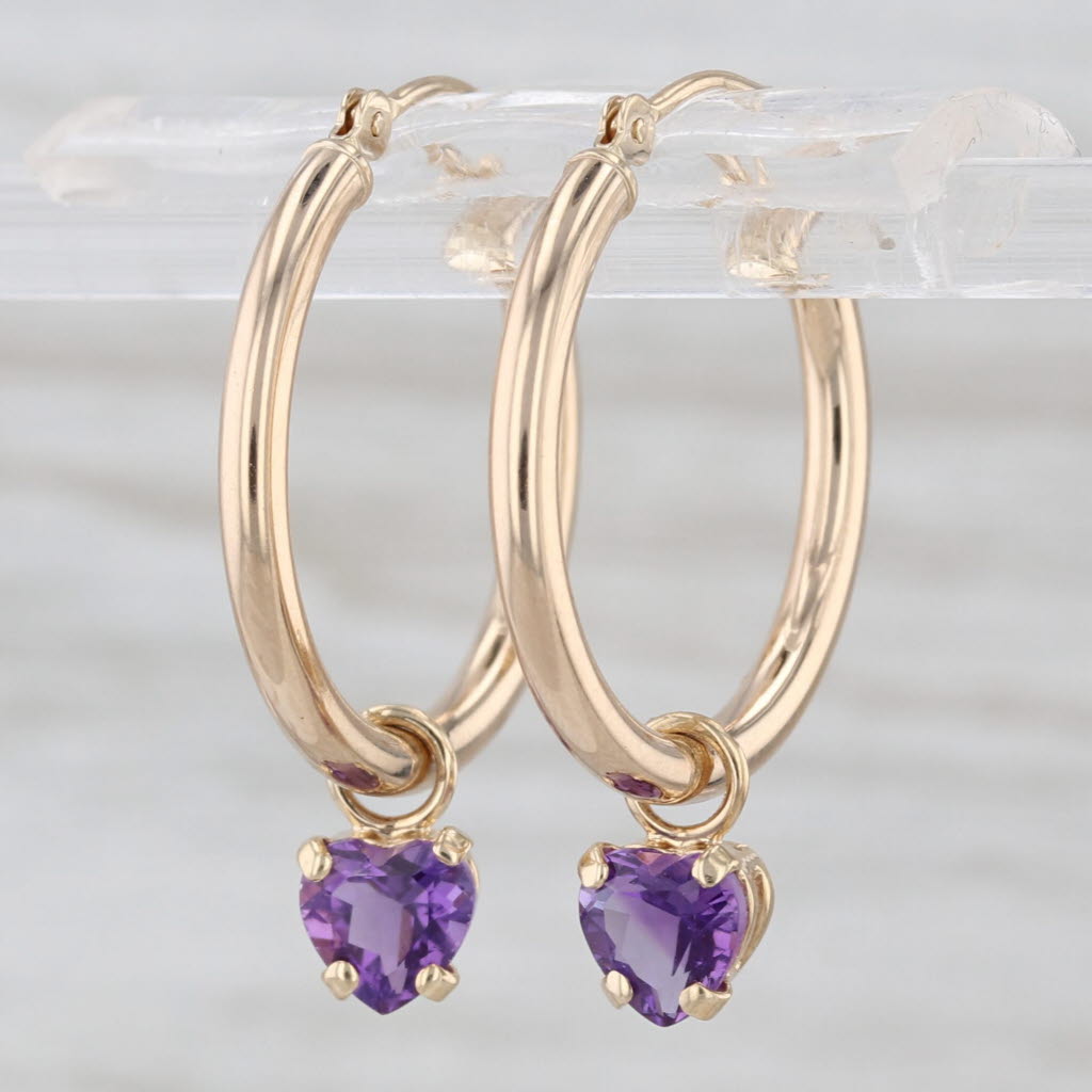 Hoop Earrings with changeable Amethyst Charms 14k Yellow Gold Round Hoops