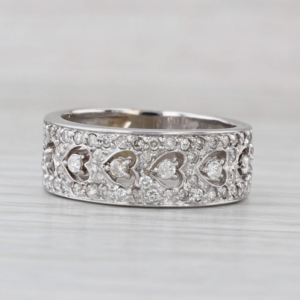 0.70ctw Diamond Heart Pattern Ring 14k White Gold Size 8.25 Anniversary Band