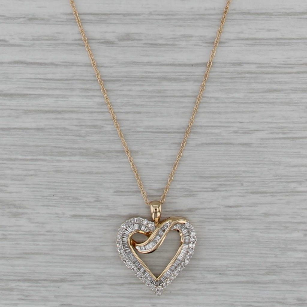 0.90ctw Diamond Open Heart Pendant 14k Yellow Gold 18" Rope Chain