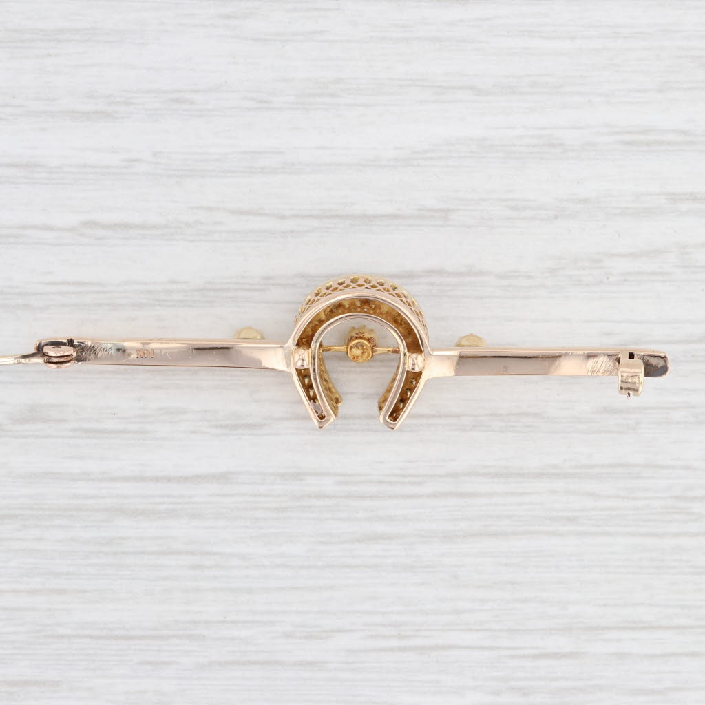 Light Gray Vintage Pearl Horseshoe Bar Brooch 14k Yellow Gold Western Pin