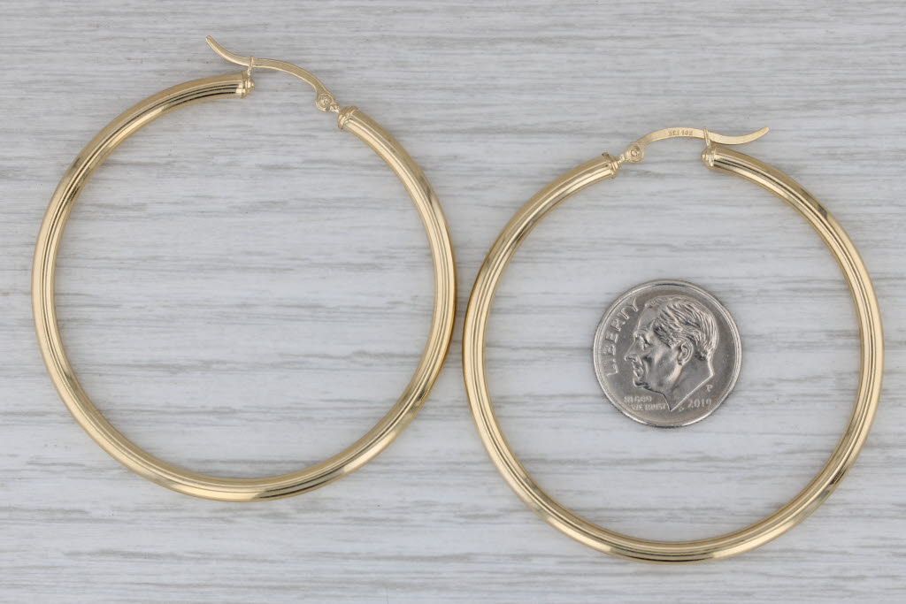 Gray New Round Hoop Earrings 14k Yellow Gold Snap Top Large Hoops 3 x 47 mm