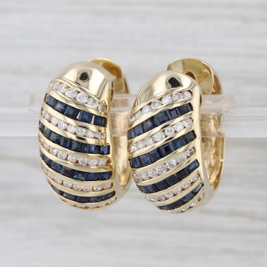 2.60ctw Blue Sapphire Diamond Hoop Earrings 14k Yellow Gold Hinged Round Hoops