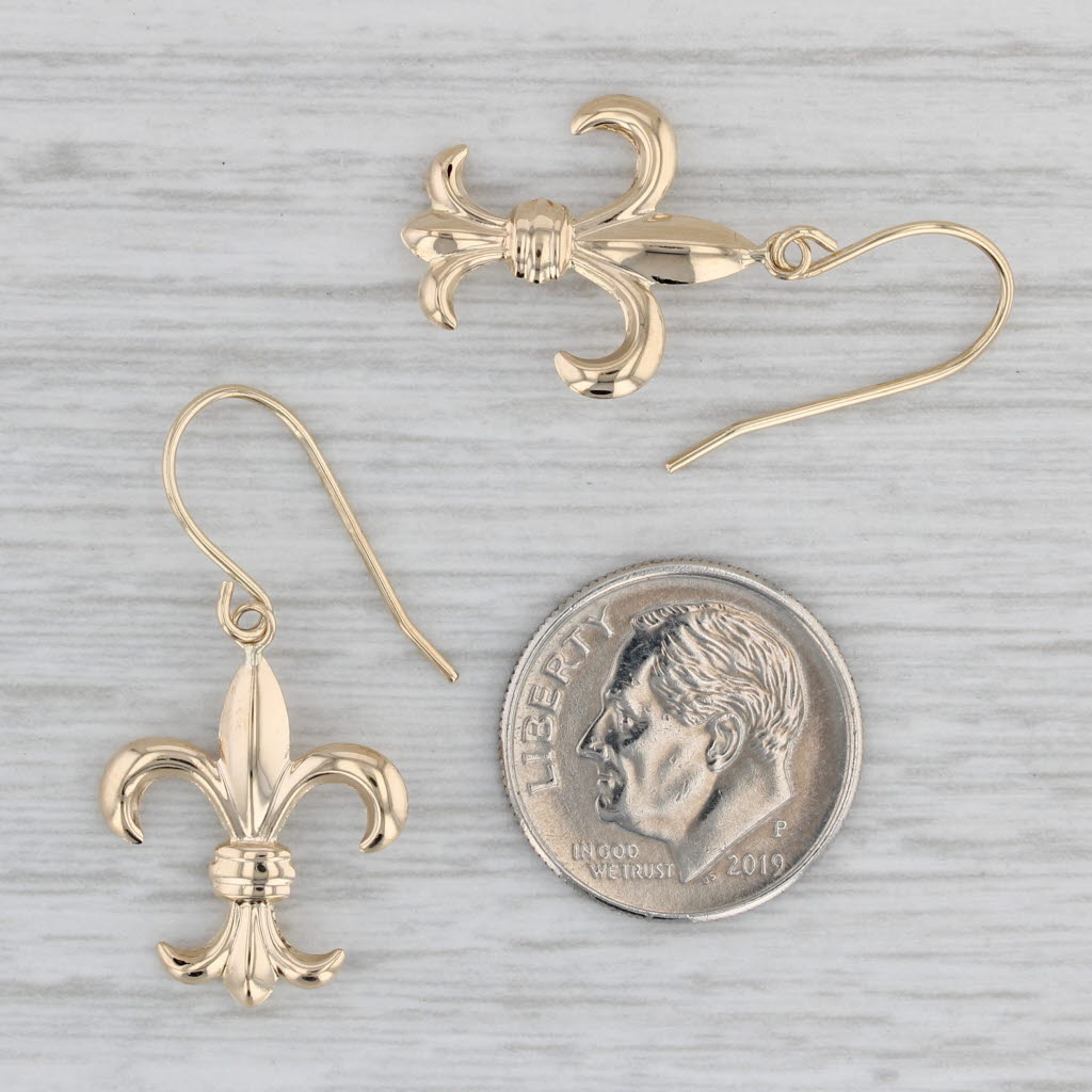 Gray Fleur De Lis Dangle Earrings 14k Yellow Gold Hook Posts