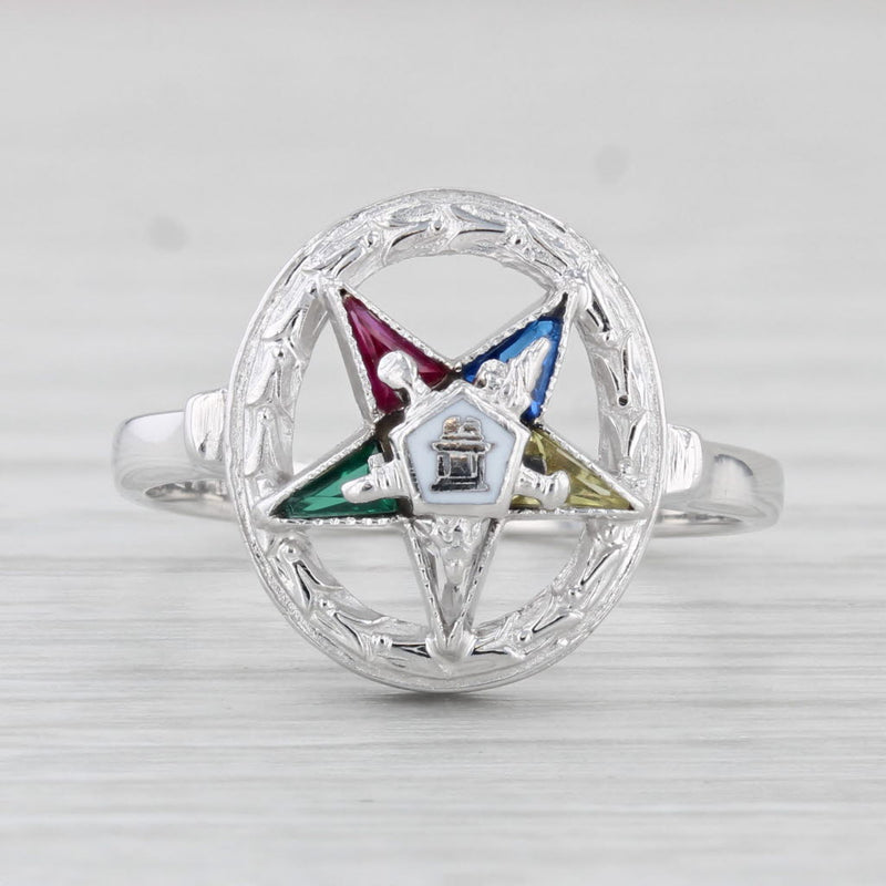 Order Eastern Star Ring 10k White Gold Glass Masonic OES Signet Ring Size 5.75