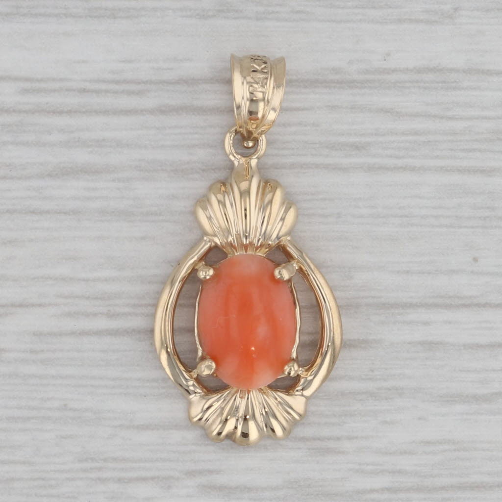 Gray Vintage Coral Drop Pendant 14k Yellow Gold Oval Cabochon Solitaire