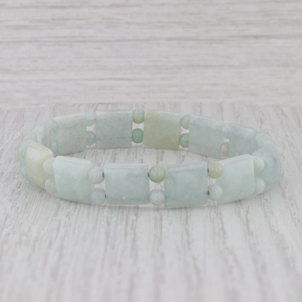 Gray Green Jadeite Jade Bead Stretch Bracelet 6.75" Adjustable