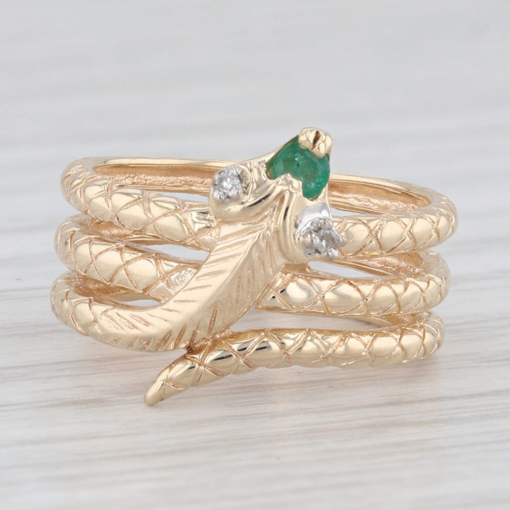 Light Gray Vintage Richard Klein Coiled Snake Ring Emerald Diamond 10k Yellow Gold Size 6