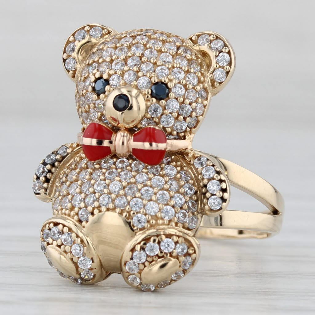 Gray Cubic Zirconia Teddy Bear Ring 14k Yellow Gold Enamel Size 7