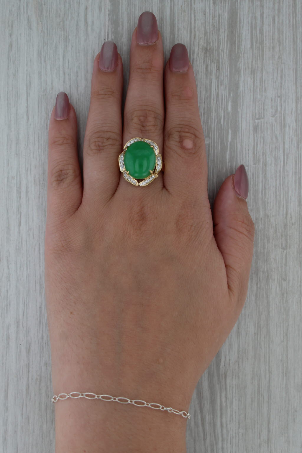 Green Jadeite Jade 0.20ctw Diamond Ring 18k Yellow Gold Size 9.5