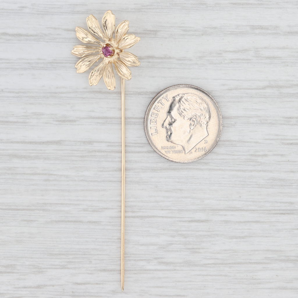 Light Gray Ruby Flower Stickpin 14k Yellow Gold Vintage Floral Pin