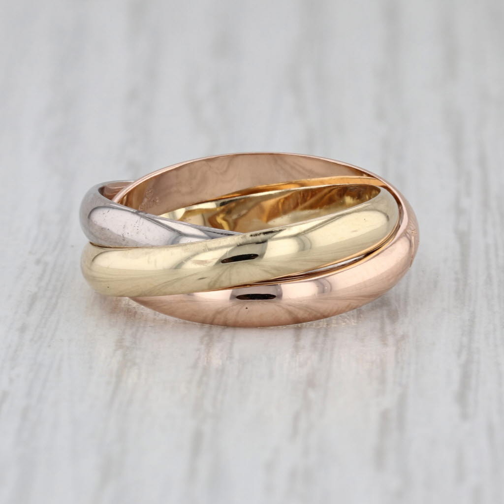 Cartier 3-Band Tri-Toned Puzzle Ring 18k Yellow White Rose Gold Size 8.5 / 58