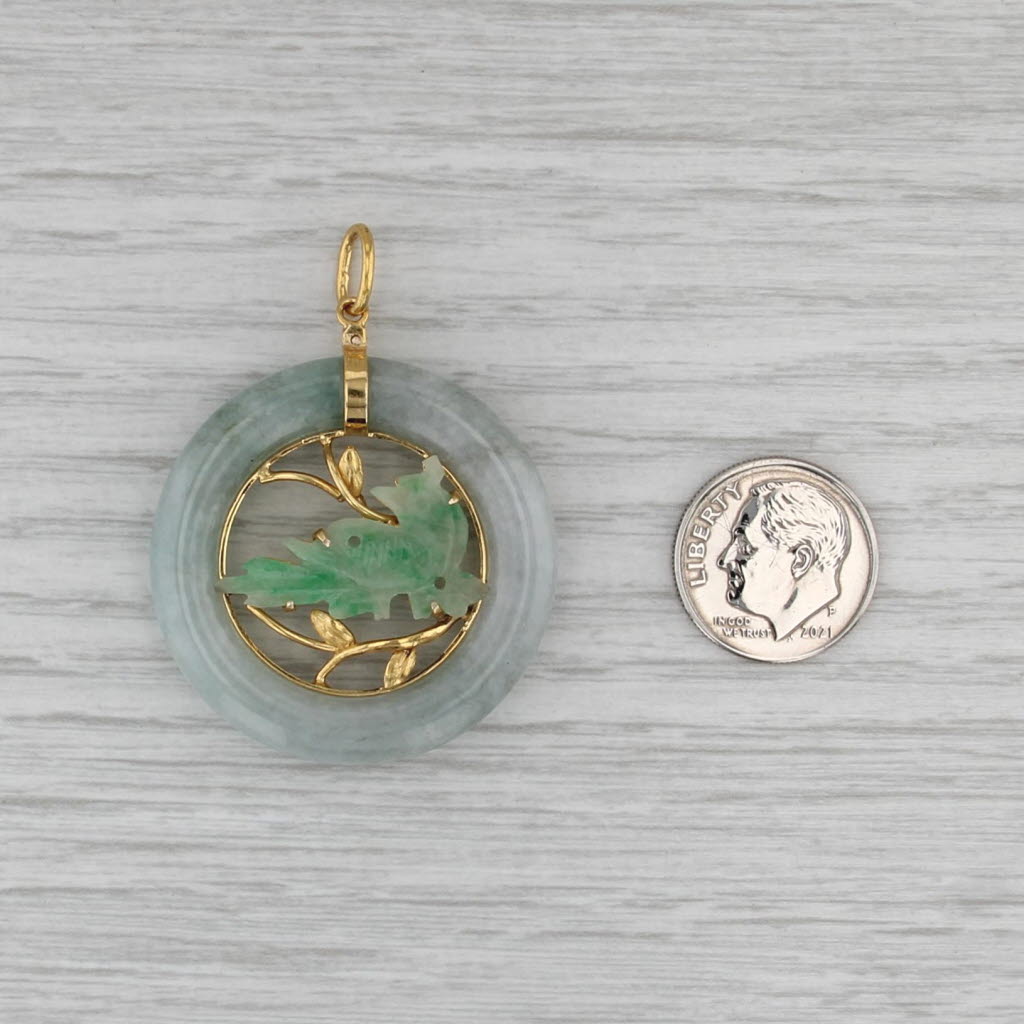 Green Jadeite Jade Carved Bird Hololith Pendant 14k Yellow Gold Vintage Asian