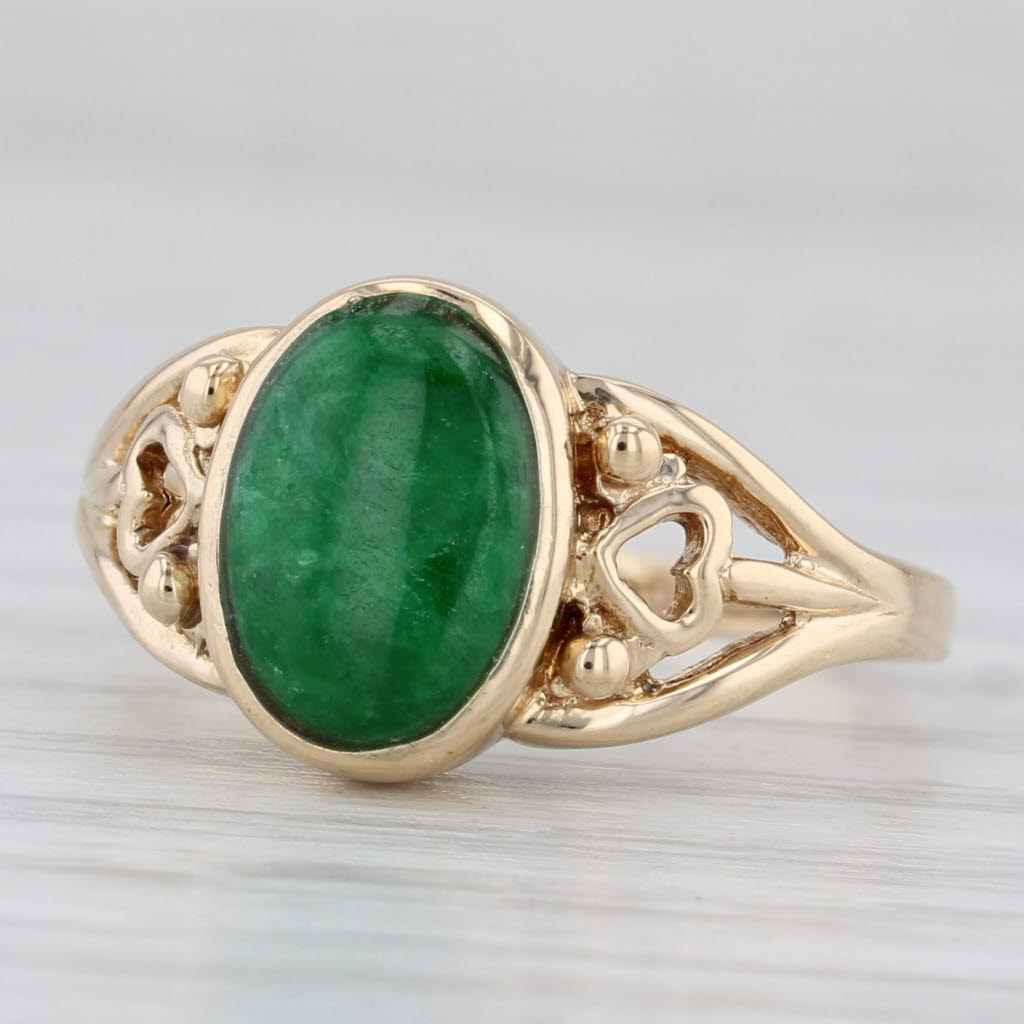 Light Gray Green Jadeite Jade Oval Cabochon Solitaire Ring 14k Gold Size 6.5 Heart Accents