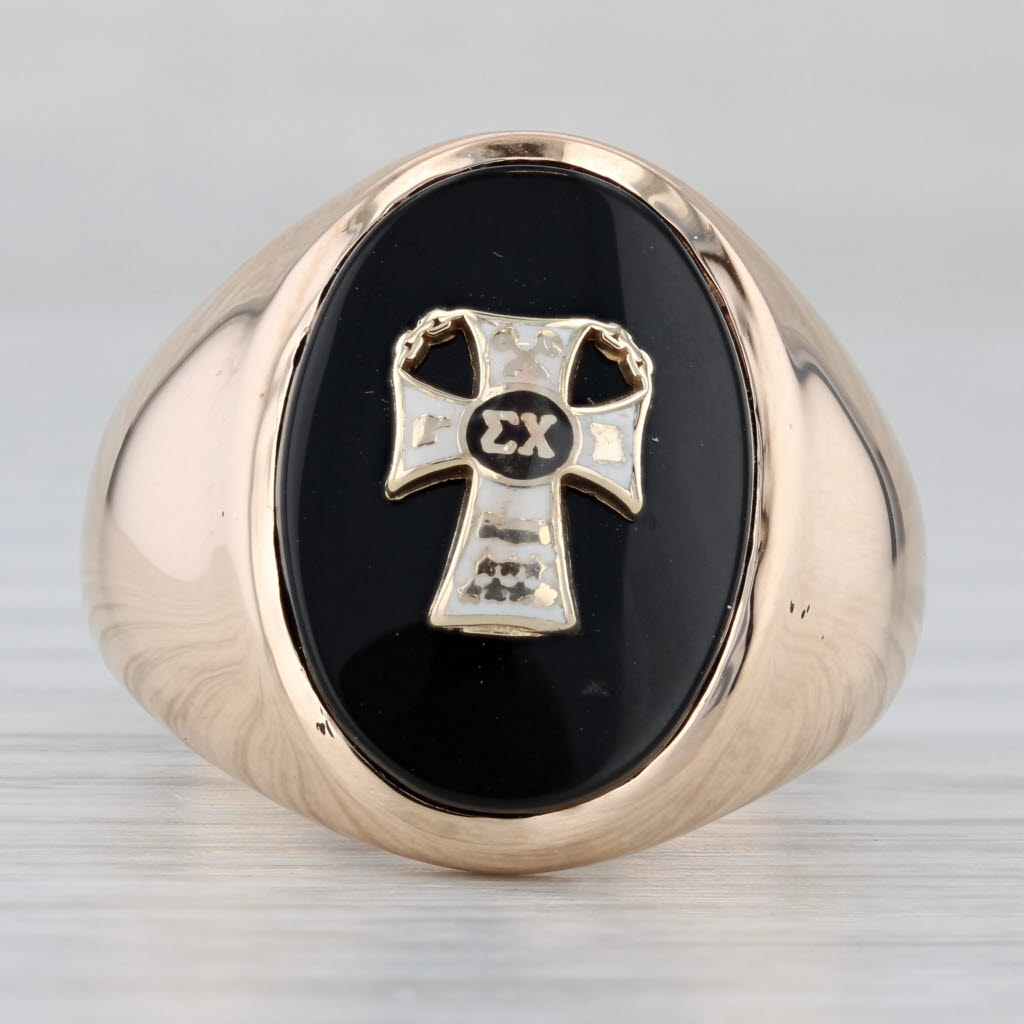 Gray Vintage Sigma Chi Badge Signet Ring 10k Gold Onyx Fraternity Signet Size 9.5