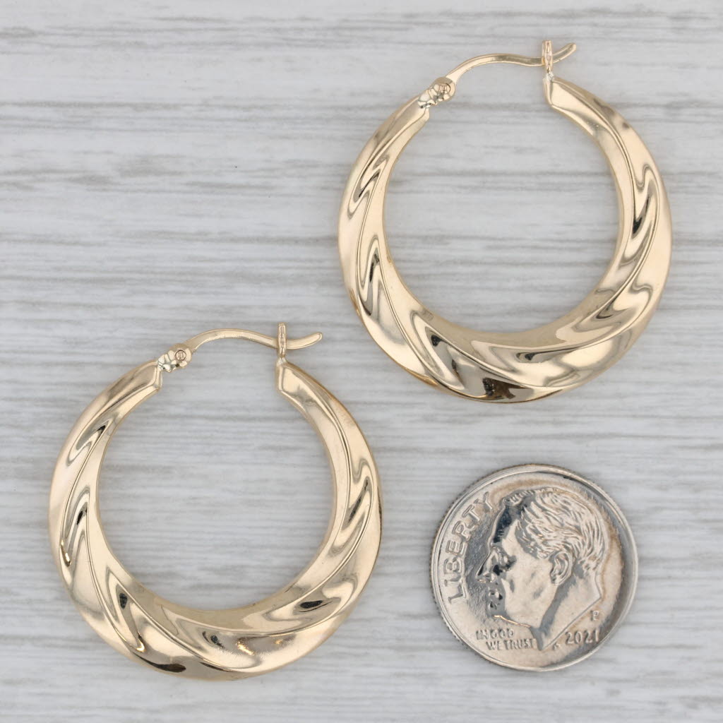 Gray Beveled Hoop Earrings 14k Yellow Gold Snap Top Round Hoops