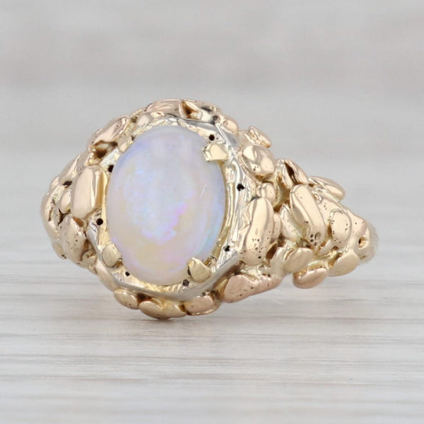 Gray Vintage Opal Gold Nugget Ring 14k Yellow Gold Size 4.75 Oval Cabochon Solitaire