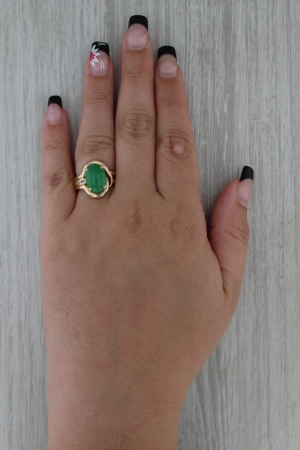 Green Jadeite Jade Oval Cabochon Diamond Ring 14k Yellow Gold Size 6.5
