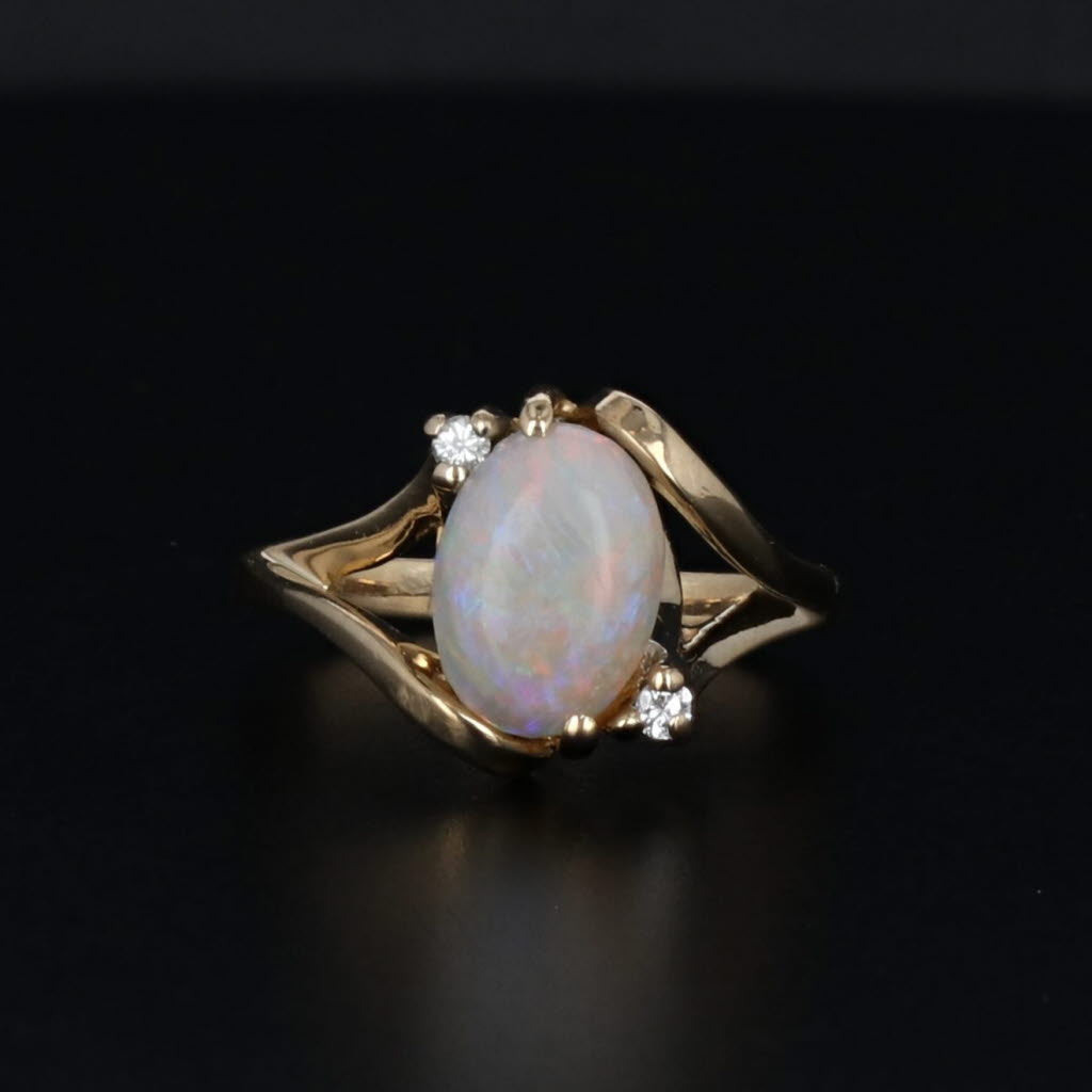 Black Opal Oval Cabochon Diamond Ring 14k Yellow Gold Size 4.75