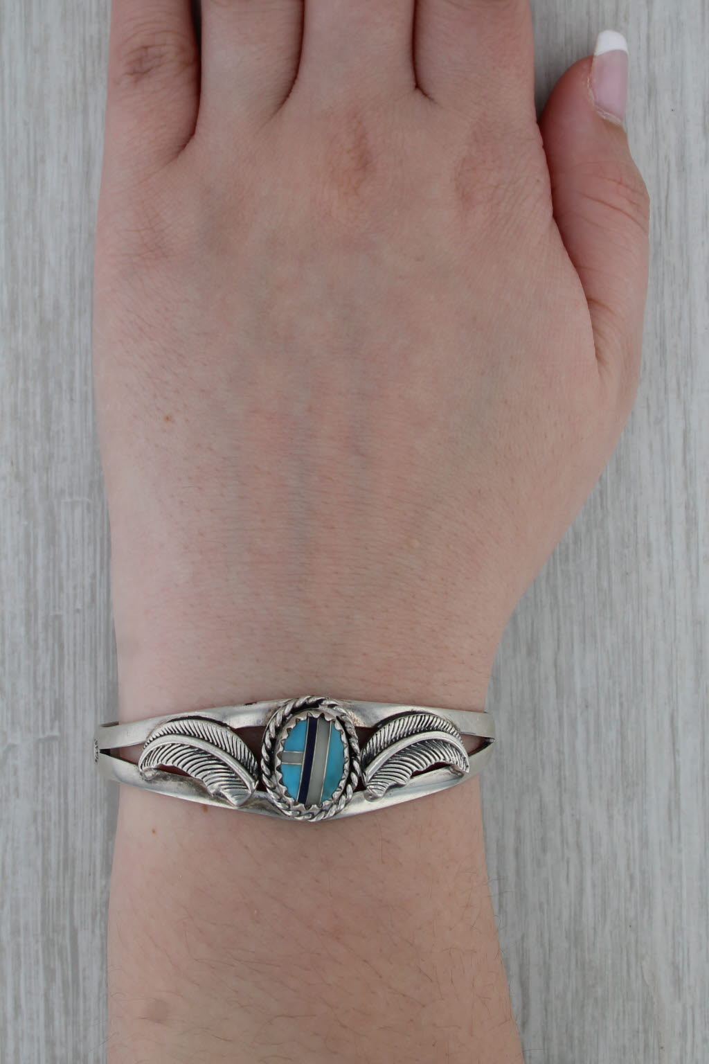 Turquoise Onyx Mosaic Cuff Bracelet Sterling Silver Arrow Hallmark Taxco Mexico