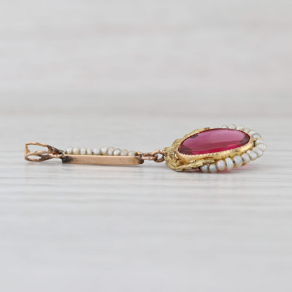 Antique Red Glass Pearls Floral Pendant 10k Rose Gold Drop